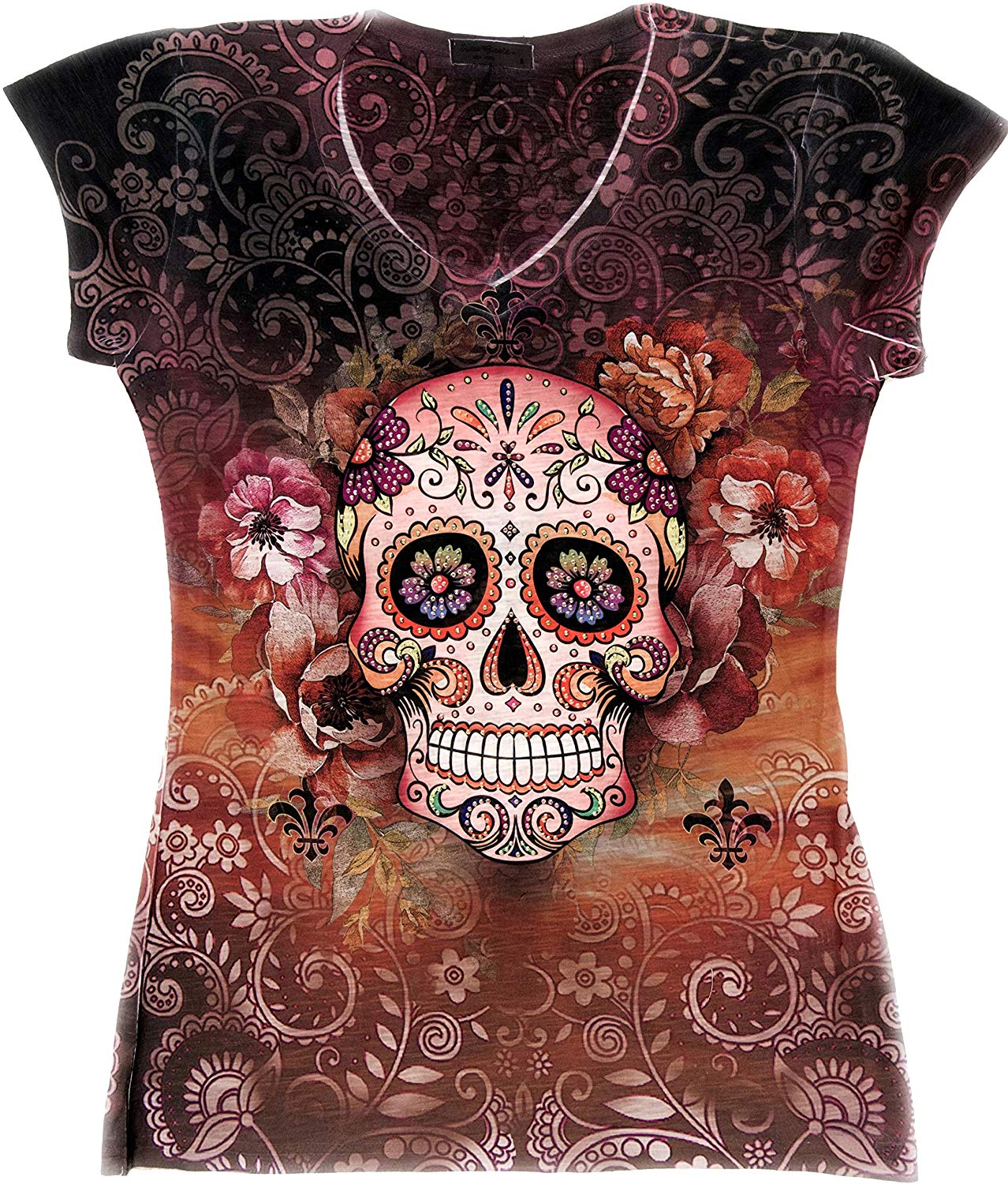 Sugar Skull Shirts for Women V Neck T Shirt Tee Beautiful Print Decorated with Rhinestones Multicolored 1