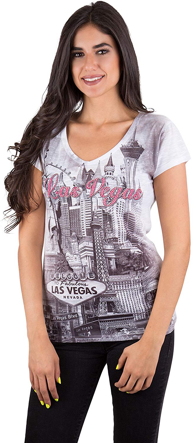 Womens Las Vegas Strip Collage Gray V Neck Graphic Printed T Shirt Nature