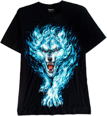 T Shirt Unisex Adult/Kids 3D Glow in Dark Animal Glitter Short Sleeves Family Sizes Wolf Blue Flames
