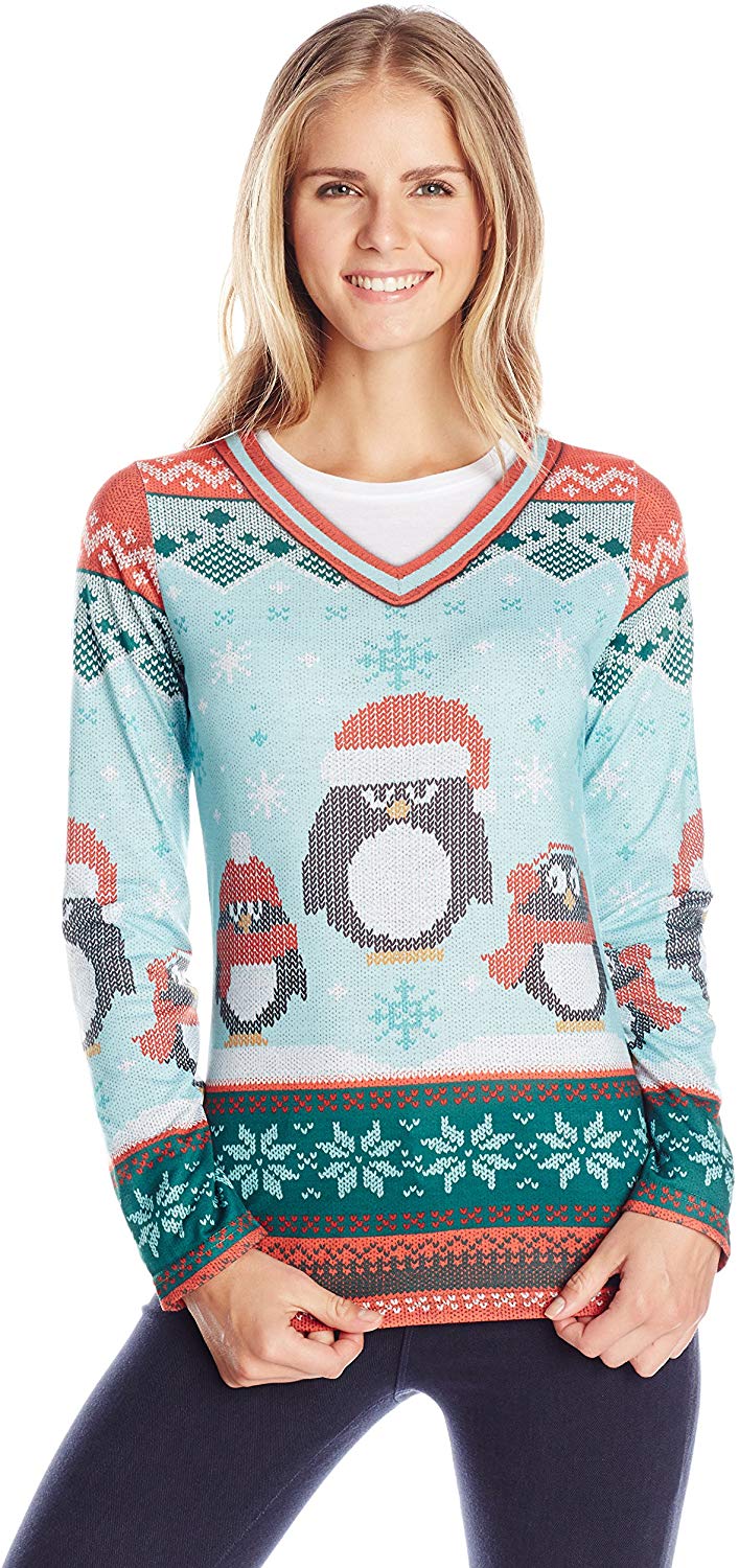 Women's 3D Photo Realistic Ugly Christmas Sweater Long Sleeve T Shirt Winter Penquin