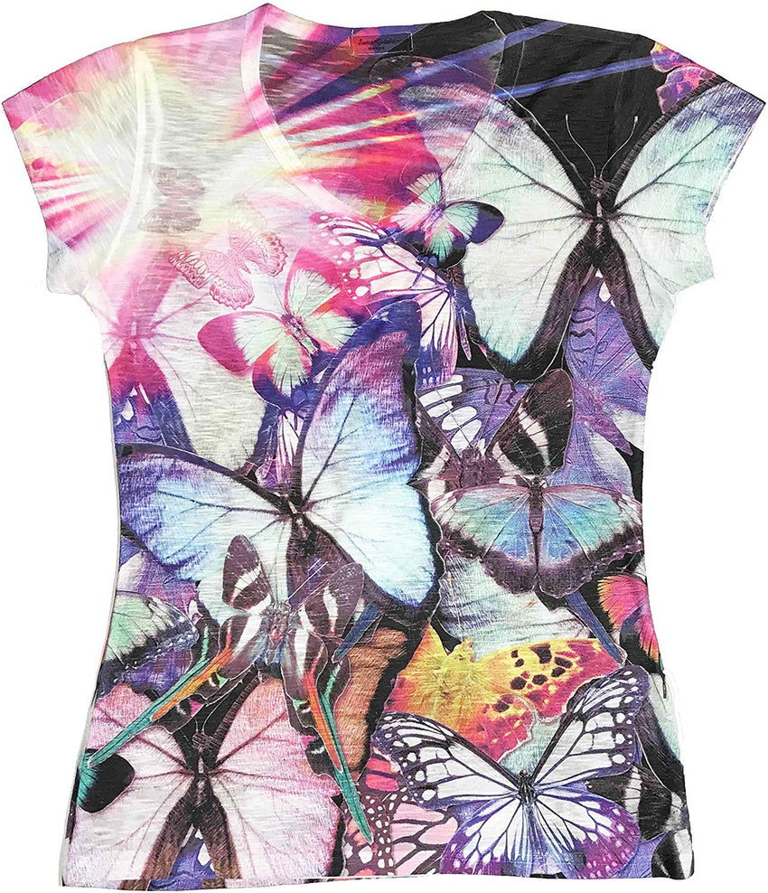 Colorful Butterfly Ladies V Neck 3D Graphic Butterfly T Shirt Rhinestones Multicolored #2