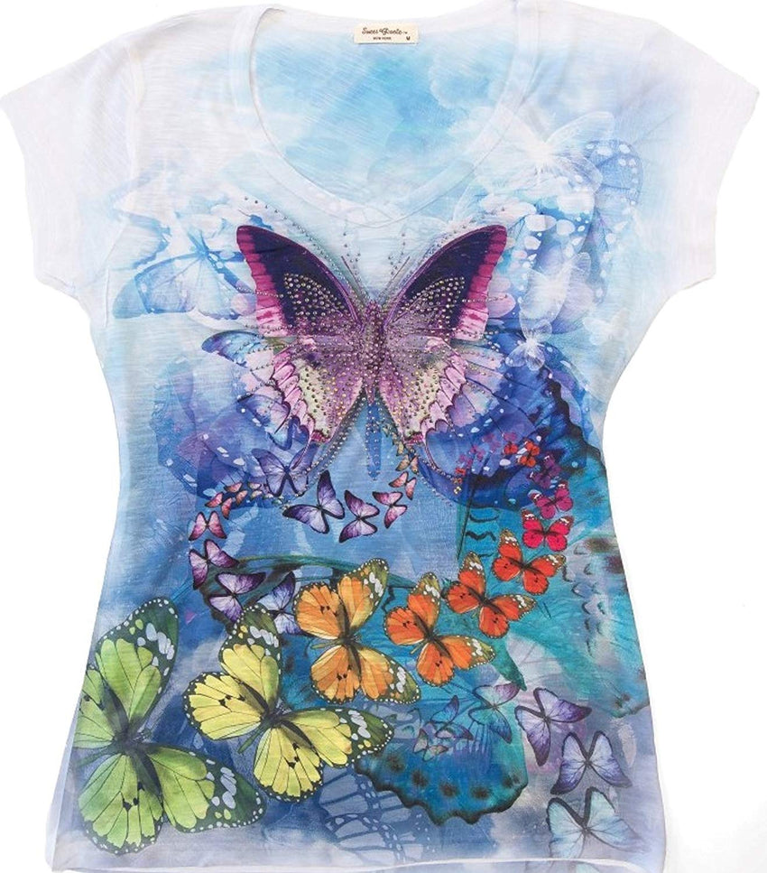 Colorful Butterfly Ladies V Neck 3D Graphic Butterfly T Shirt Rhinestones Multicolored