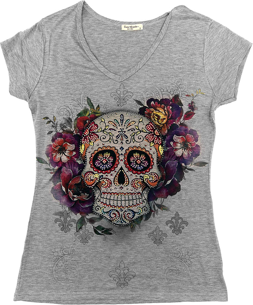 Sugar Skull Shirts for Women V Neck T Shirt Tee Beautiful Print Decorated with Rhinestones Grey