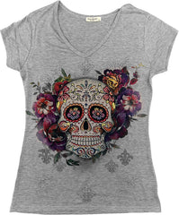 Sugar Skull Shirts for Women V Neck T Shirt Tee Beautiful Print Decorated with Rhinestones Grey