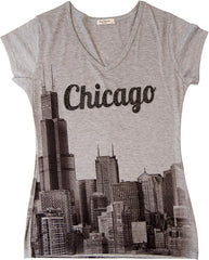 Chicago T Shirts for Women V Neck Skyline Design Rhinestones Grey or White Grey