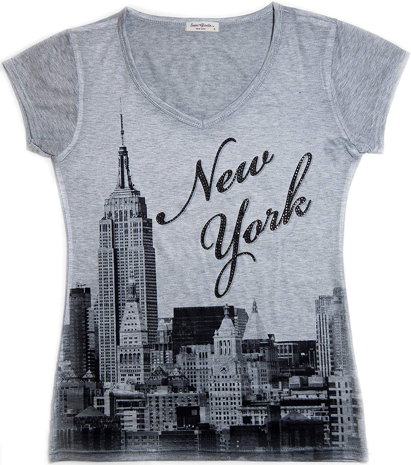 New York NYC T Shirt Colorful and Vivid Printing Decorated with Rhinestones Heather Gray