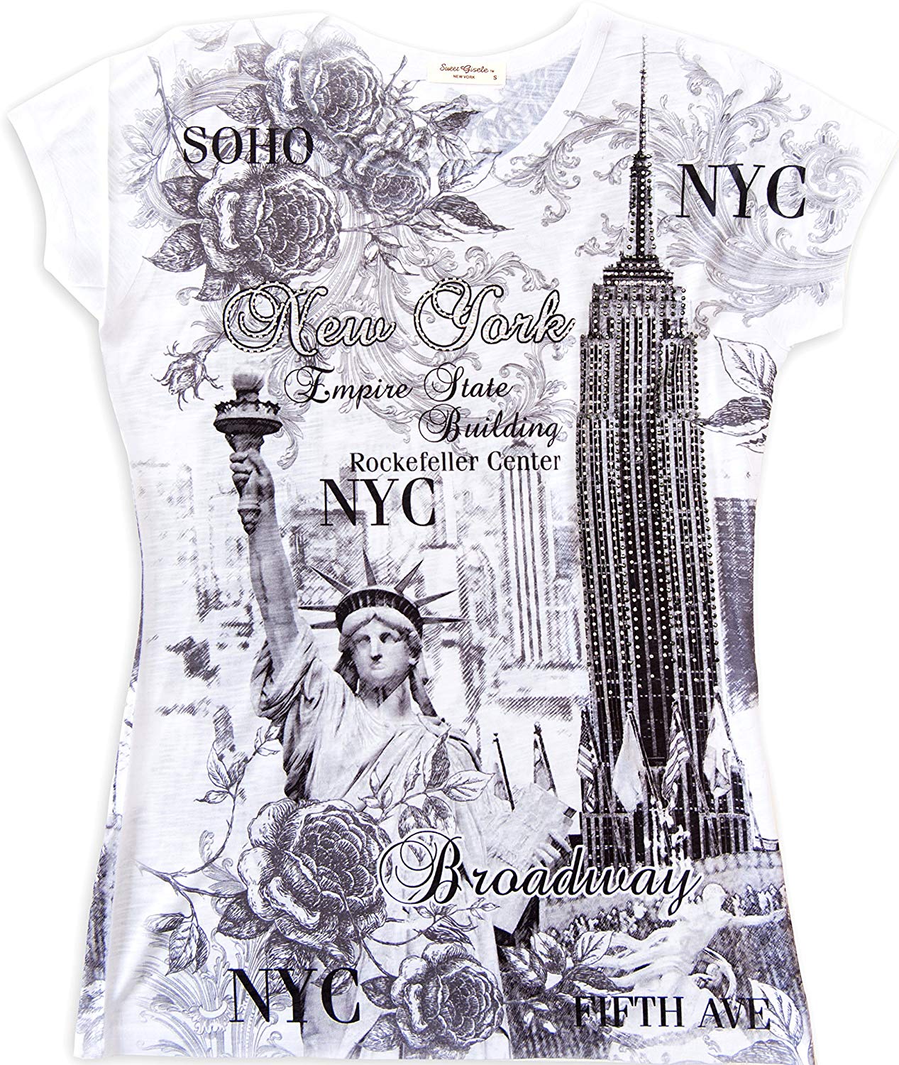 New York NYC T Shirt Colorful and Vivid Printing Decorated with Rhinestones White 3