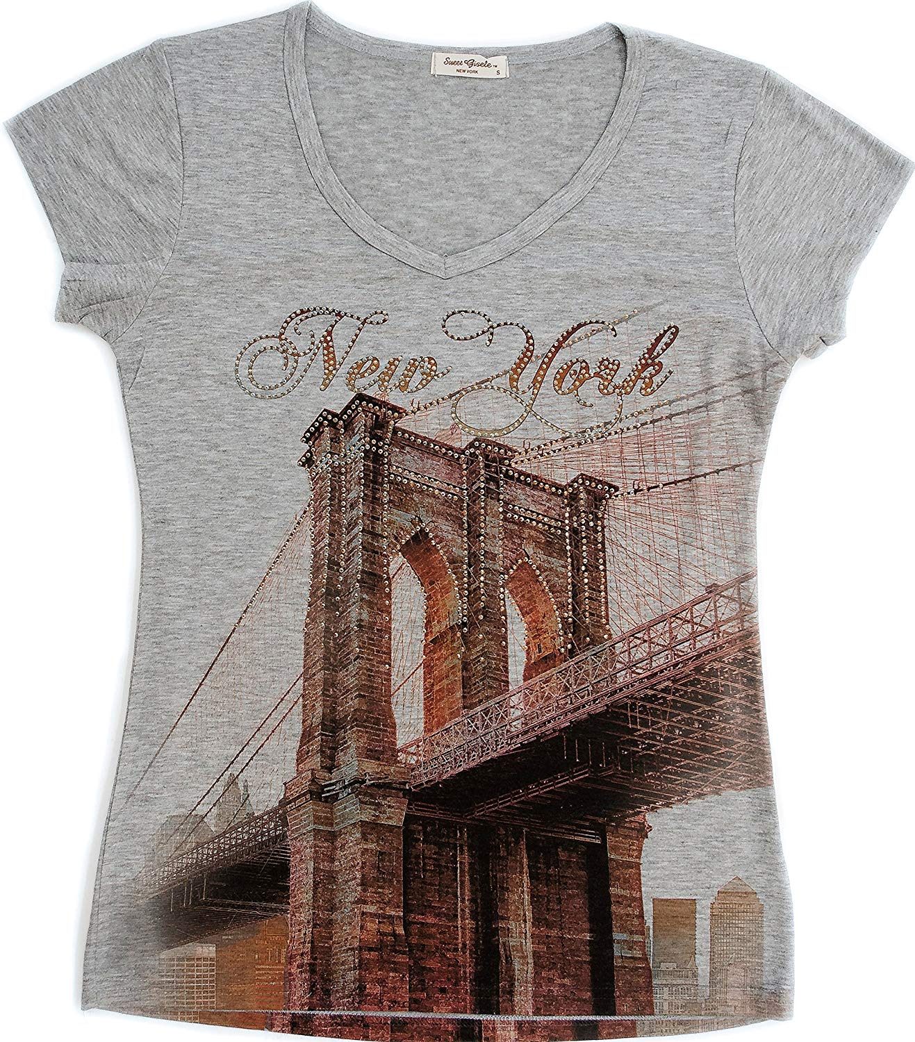 New York NYC T Shirt Colorful and Vivid Printing Decorated with Rhinestones Grey