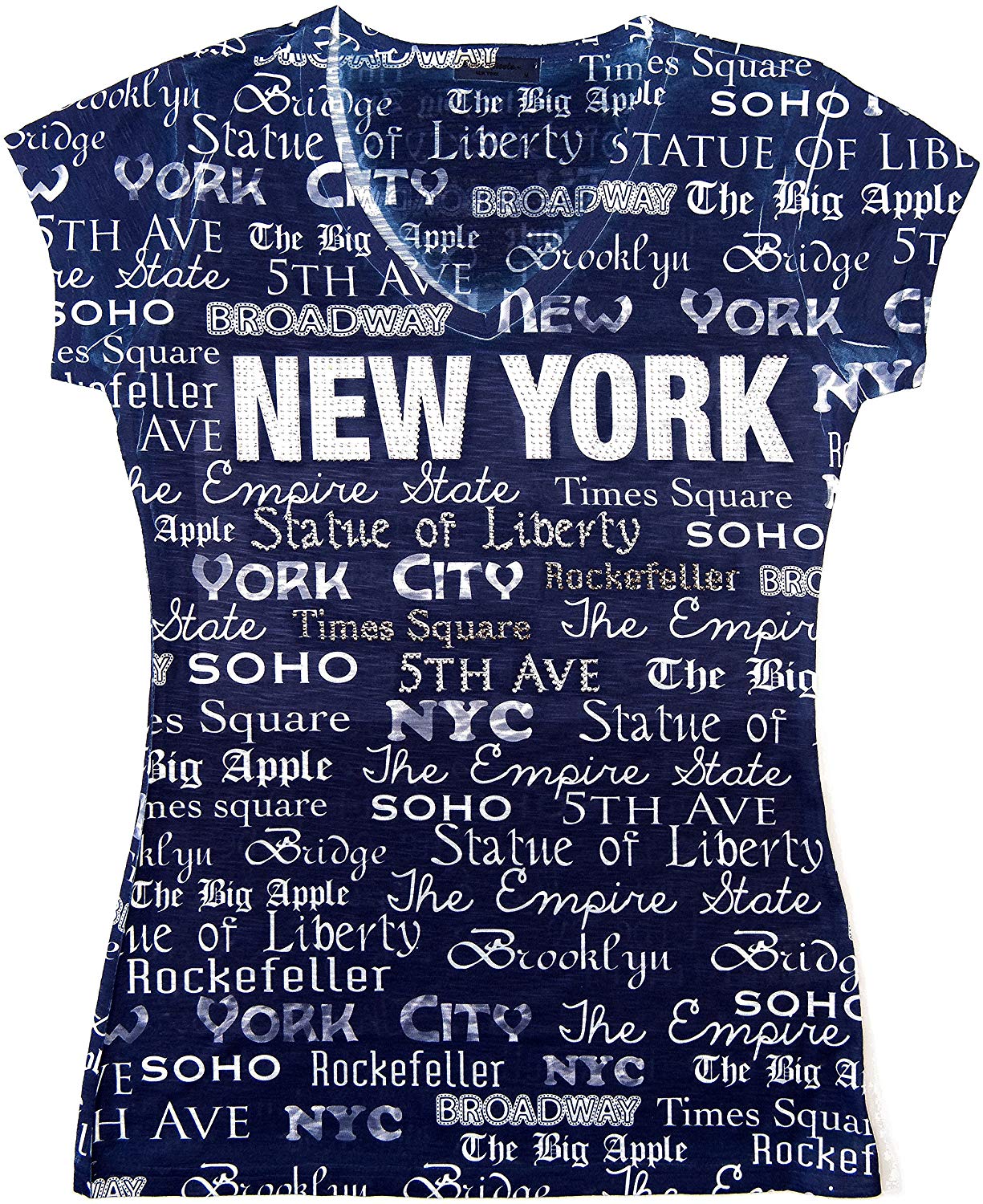 New York NYC T Shirt Colorful and Vivid Printing Decorated with Rhinestones Navy